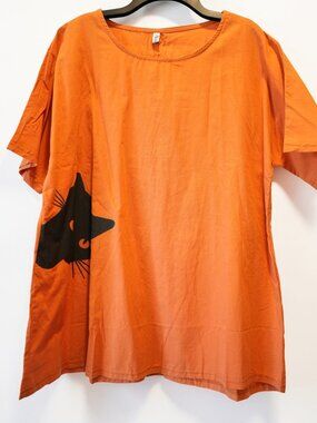 Orange Cat Graphic Short Sleeve Cotton Blouse